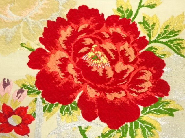 Antique Nagoya obi woven with peony and narcissus design